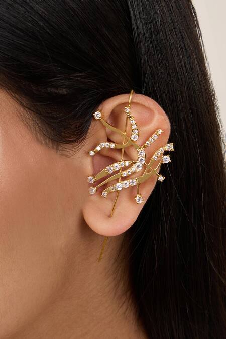 Mnsh_Gold Plated Crystals, Diamonds Cubic Zirconia Ear Climbers_Online_at_Aza_Fashions