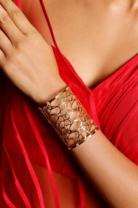 Mnsh_Gold Plated Crystals Cuff Bracelet With Zirconia And Diamond_at_Aza_Fashions