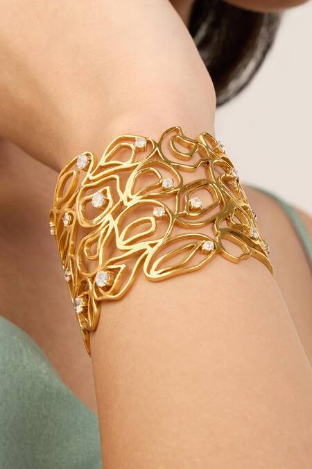 Buy_Mnsh_Gold Plated Diamonds, Crystals Cubic Zirconia Cuff Bracelet_Online_at_Aza_Fashions