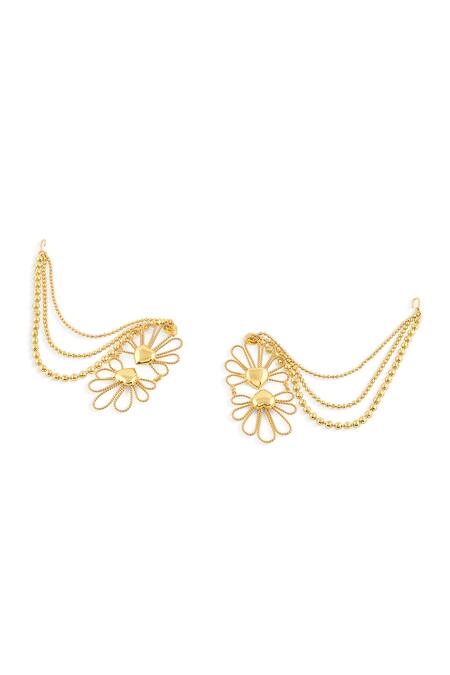 Mnsh_Gold Plated Petal Bloom Hair Chain Earrings_Online_at_Aza_Fashions