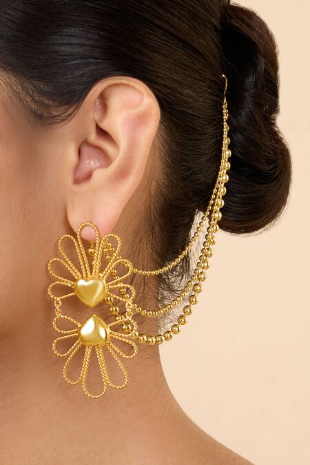 Buy_Mnsh_Gold Plated Petal Bloom Hair Chain Earrings_Online_at_Aza_Fashions
