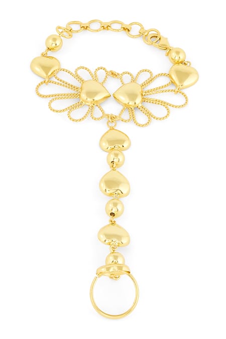 Shop Mnsh Gold Plated Bloom And Heart Design Hand Harness Bracelet at Aza Fashions Shop_Mnsh_Gold Plated Bloom And Heart Design Hand Harness Bracelet _at_Aza_Fashions