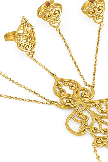 Shop_Mnsh_Gold Plated Crest Vine Hand Harness Bracelet_Online_at_Aza_Fashions