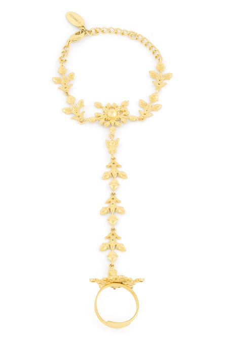 Shop Mnsh Gold Plated Tulip Vine Hand Harness Bracelet at Aza Fashions Shop_Mnsh_Gold Plated Tulip Vine Hand Harness Bracelet _at_Aza_Fashions