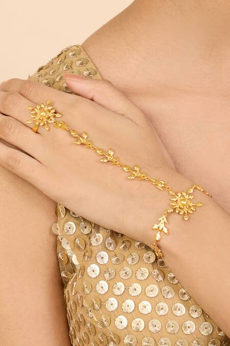 Shop Mnsh Gold Plated Tulip Vine Hand Harness Bracelet Online at Aza Fashions Shop_Mnsh_Gold Plated Tulip Vine Hand Harness Bracelet _Online_at_Aza_Fashions