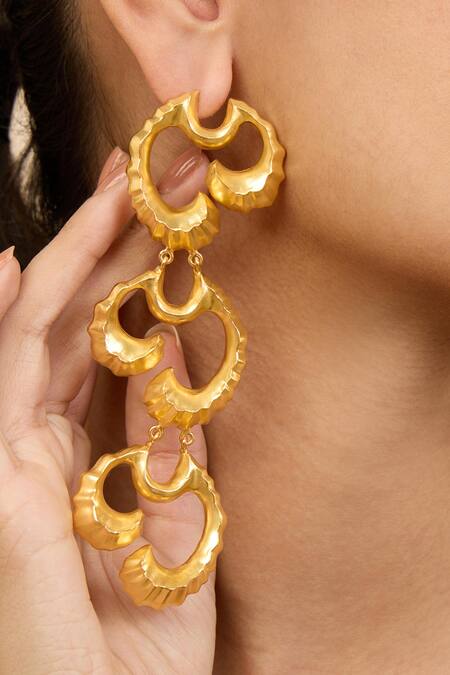 Shop Mnsh Gold Plated Wave Textured Duster Earrings Online at Aza Fashions Shop_Mnsh_Gold Plated Wave Textured Duster Earrings _Online_at_Aza_Fashions