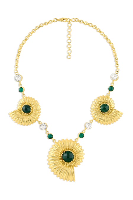 Shop Mnsh Gold Plated Multicolor Glass Stone Seashell Necklace at Aza Fashions Shop_Mnsh_Gold Plated Multicolor Glass Stone Seashell Necklace _at_Aza_Fashions