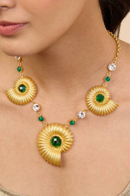 Shop Mnsh Gold Plated Multicolor Glass Stone Seashell Necklace Online at Aza Fashions Shop_Mnsh_Gold Plated Multicolor Glass Stone Seashell Necklace _Online_at_Aza_Fashions