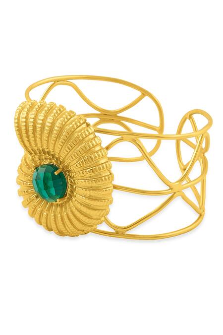Mnsh_Gold Plated Beads Seashell Motif Stone Studded Cuff _Online_at_Aza_Fashions