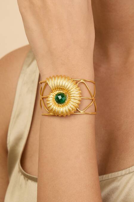 Shop_Mnsh_Gold Plated Beads Seashell Motif Stone Studded Cuff _Online_at_Aza_Fashions