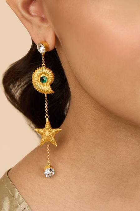 Shop_Mnsh_Gold Plated Glitter, Stones, Crystals Shell Cascade Embellished Earrings _Online_at_Aza_Fashions