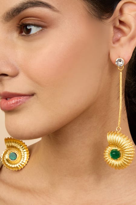 Mnsh Gold Plated Glitter, Crystals Shell Whisper Earrings 