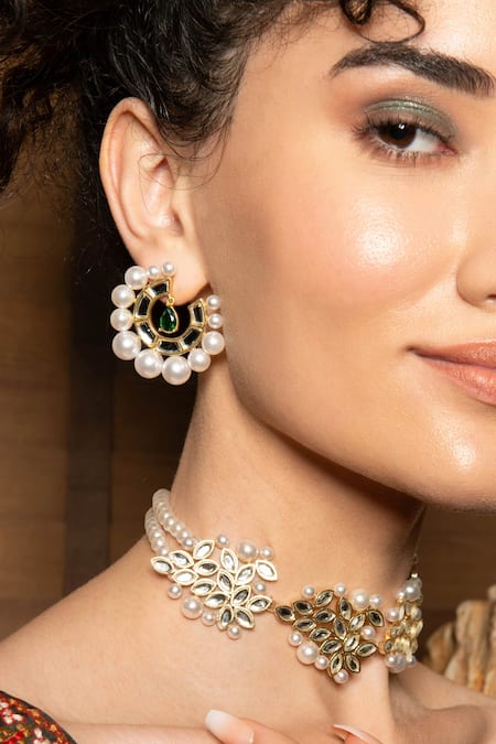 Buy_Mnsh_Gold Plated Mirrors, Pearls, Stones Embellished Hoops_Online_at_Aza_Fashions