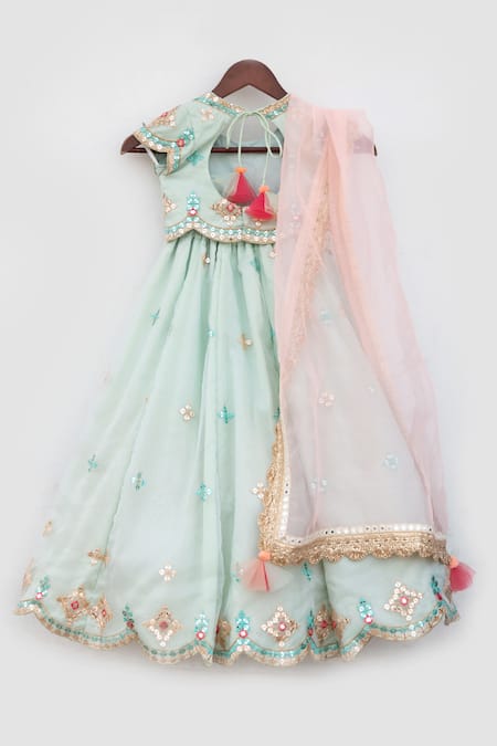 Shop_Fayon Kids_Blue Organza Sequins, Tassels Embellished Lehenga Set _at_Aza_Fashions