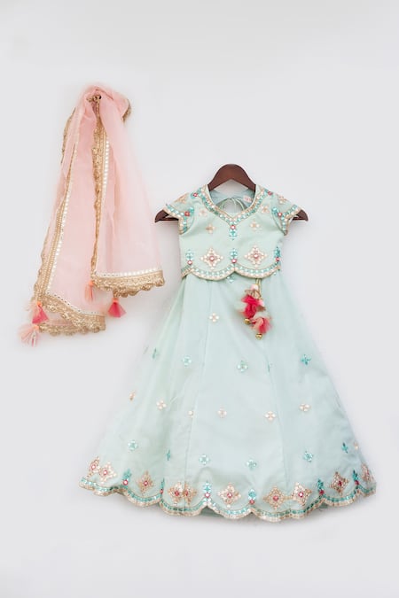 Fayon Kids_Blue Organza Sequins, Tassels Embellished Lehenga Set _Online_at_Aza_Fashions