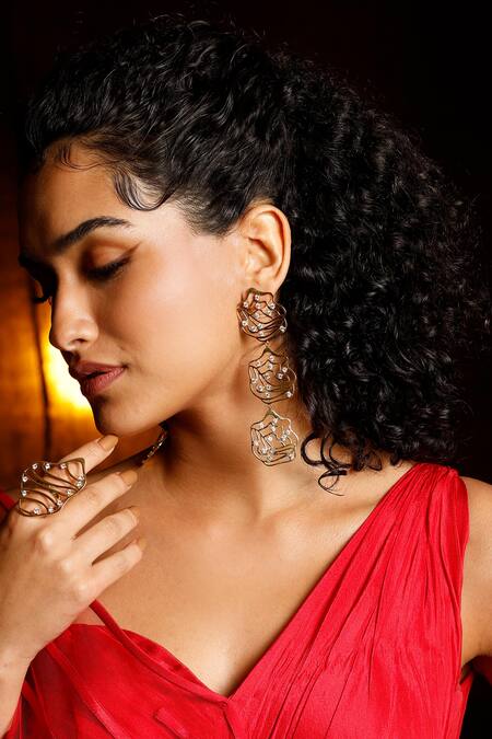 Shop_Mnsh_Gold Plated Crystals Flow Rosa Danglers _Online_at_Aza_Fashions