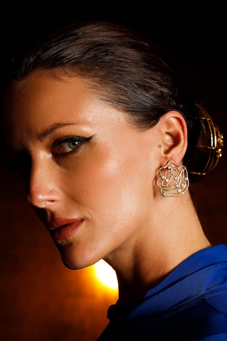 Shop_Mnsh_Gold Plated Crystals Flow Embellished Rosa Studs _Online_at_Aza_Fashions