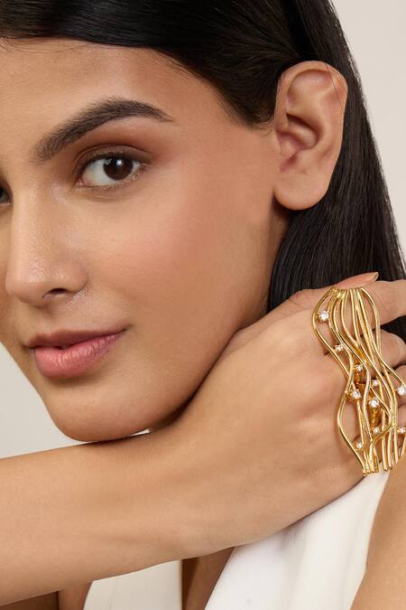 Shop_Mnsh_Gold Plated Crystals Cubic Zirconia Two Finger Ring_Online_at_Aza_Fashions