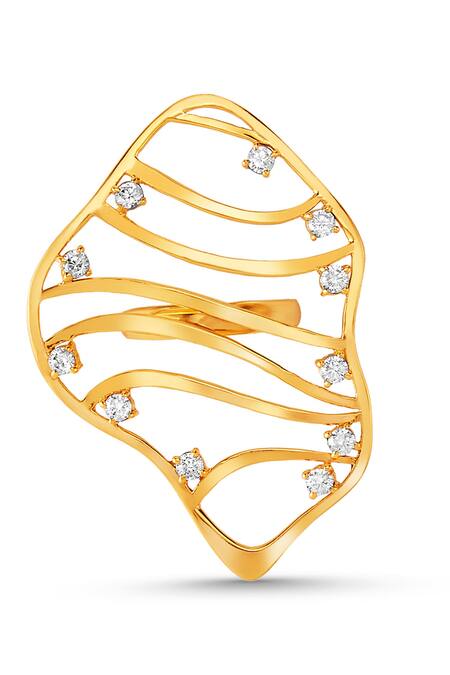 Mnsh_Gold Plated Crystals Cubic Zirconia Swerve Ring _Online_at_Aza_Fashions
