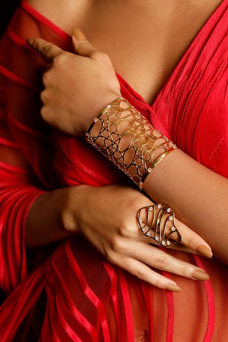 Shop_Mnsh_Gold Plated Crystals Cubic Zirconia Swerve Ring _Online_at_Aza_Fashions