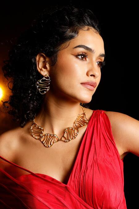 Mnsh Gold Plated Wave Cubic Zirconia Necklace at Aza Fashions Mnsh_Gold Plated Wave Cubic Zirconia Necklace _at_Aza_Fashions