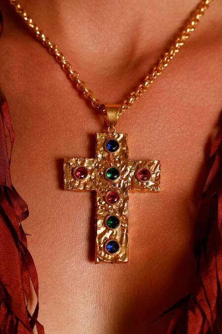 Mnsh_Gold Plated Glass Diamond Cross Pendant Necklace _Online_at_Aza_Fashions