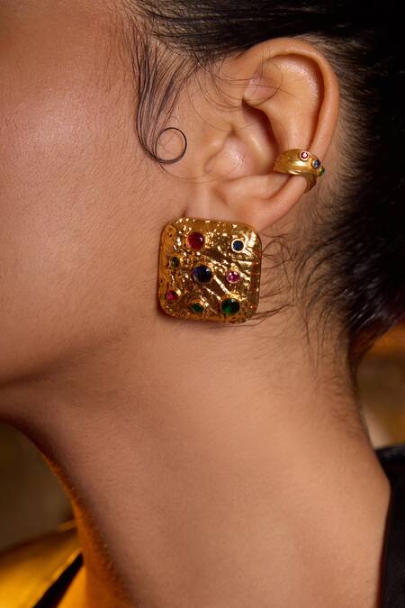 Shop_Mnsh_Gold Plated Crystals, Beads Glass Diamond Studs_Online_at_Aza_Fashions