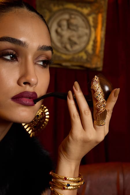 Shop_Mnsh_Gold Plated Glitter Glass Diamond Finger Ring_Online_at_Aza_Fashions