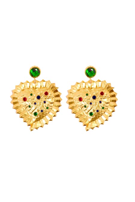 Shop Mnsh Gold Plated Glitter Glass Diamond Heart Earrings at Aza Fashions Shop_Mnsh_Gold Plated Glitter Glass Diamond Heart Earrings _at_Aza_Fashions