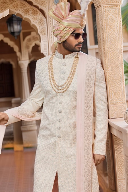 Arihant Rai Sinha Beige Thread Embroidered Sherwani Set 