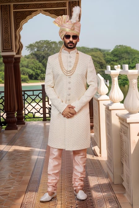 Arihant Rai Sinha_Peach Chanderi, Silk, Faux Leather Cut Beige Thread Embroidered Sherwani Set _Online_at_Aza_Fashions