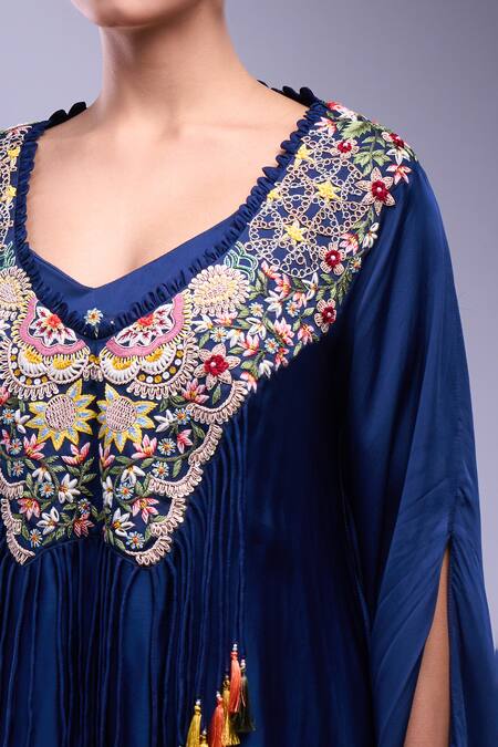 Samyukta Singhania Navy Embroidery, Tassels Round Neck Kaftan And Draped Skirt Set Online at Aza Fashions Samyukta Singhania_Navy Embroidery, Tassels Round Neck Kaftan And Draped Skirt Set_Online_at_Aza_Fashions