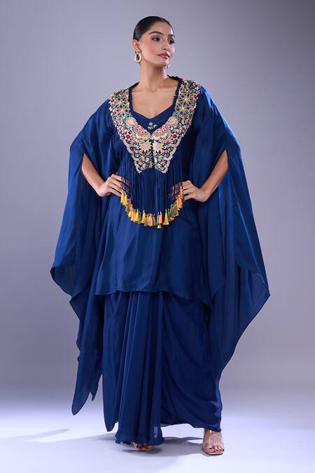 Buy Samyukta Singhania Navy Embroidery, Tassels Round Neck Kaftan And Draped Skirt Set Online at Aza Fashions Buy_Samyukta Singhania_Navy Embroidery, Tassels Round Neck Kaftan And Draped Skirt Set_Online_at_Aza_Fashions