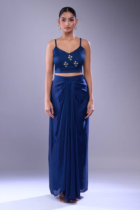 Shop Samyukta Singhania Navy Embroidery, Tassels Round Neck Kaftan And Draped Skirt Set Online at Aza Fashions Shop_Samyukta Singhania_Navy Embroidery, Tassels Round Neck Kaftan And Draped Skirt Set_Online_at_Aza_Fashions