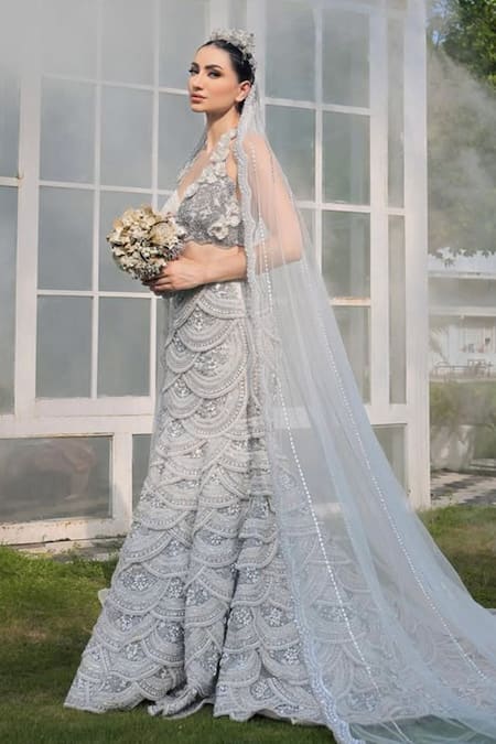 Shop_Kaynaat By Aanchal Sawhney_Ivory Net Cut Work, Sequins, Beads Sweetheart Cutdana Embroidered Lehenga Set _at_Aza_Fashions