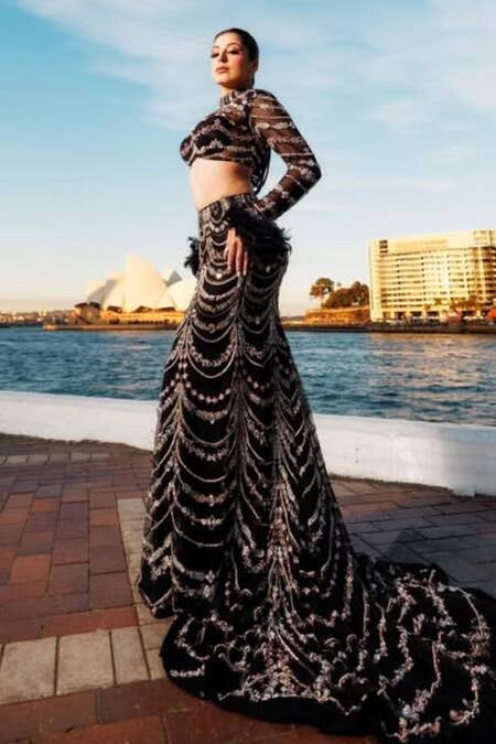 Shop_Kaynaat By Aanchal Sawhney_Black Net Cut Work, Sequins High Embroidered Lehenga Set With Feather Cuffs _Online_at_Aza_Fashions