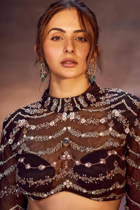 Buy_Kaynaat By Aanchal Sawhney_Black Net Cut Work, Sequins High Embroidered Lehenga Set With Feather Cuffs 