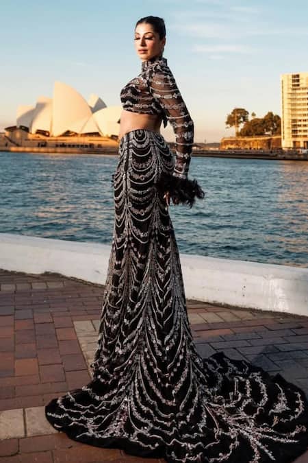 Shop_Kaynaat By Aanchal Sawhney_Black Net Cut Work, Sequins High Embroidered Lehenga Set With Feather Cuffs 