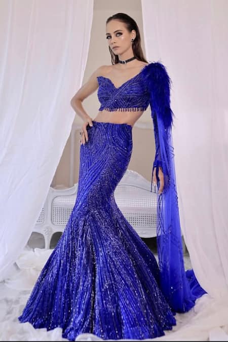 Kaynaat By Aanchal Sawhney_Blue Net Cut Work, Crystals, Sequins, Stones Electric Embroidered Lehenga Set _Online_at_Aza_Fashions
