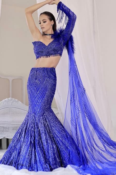 Buy_Kaynaat By Aanchal Sawhney_Blue Net Cut Work, Crystals, Sequins, Stones Electric Embroidered Lehenga Set _Online_at_Aza_Fashions