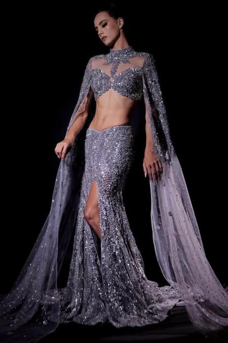 Kaynaat By Aanchal Sawhney_Silver Net Sequins, Zari High Neck Zarkan And Embroidered Lehenga Set _Online_at_Aza_Fashions