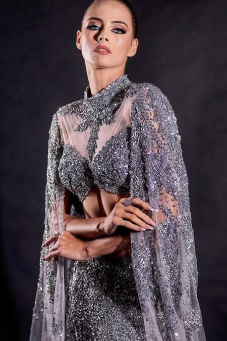 Buy_Kaynaat By Aanchal Sawhney_Silver Net Sequins, Zari High Neck Zarkan And Embroidered Lehenga Set _Online_at_Aza_Fashions