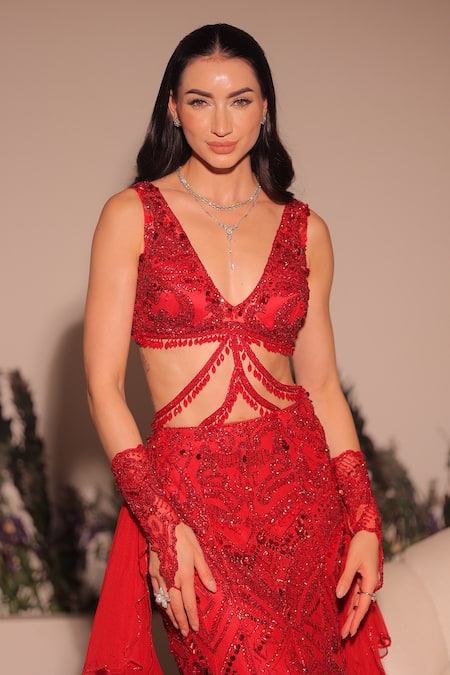 Buy_Kaynaat By Aanchal Sawhney_Red Net Tassels, Stones, Sequins, Crystals Plunge Neck Embroidered Lehenga Set _Online_at_Aza_Fashions