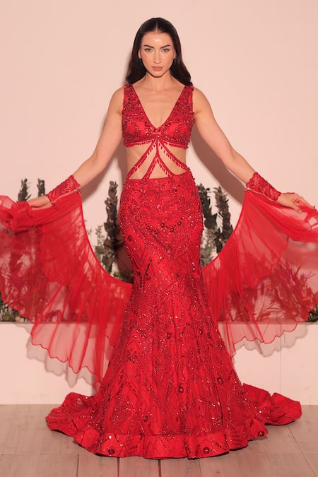 Kaynaat By Aanchal Sawhney_Red Net Tassels, Stones, Sequins, Crystals Plunge Neck Embroidered Lehenga Set _at_Aza_Fashions