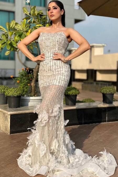 Kaynaat By Aanchal Sawhney_Silver Net Cut Work, Stones, Feathers Square Neck Embroidered Gown With Trail _Online_at_Aza_Fashions