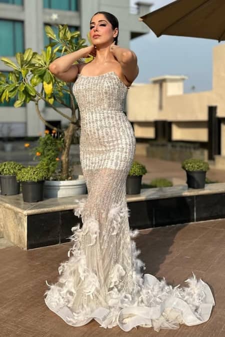 Buy_Kaynaat By Aanchal Sawhney_Silver Net Cut Work, Stones, Feathers Square Neck Embroidered Gown With Trail _Online_at_Aza_Fashions