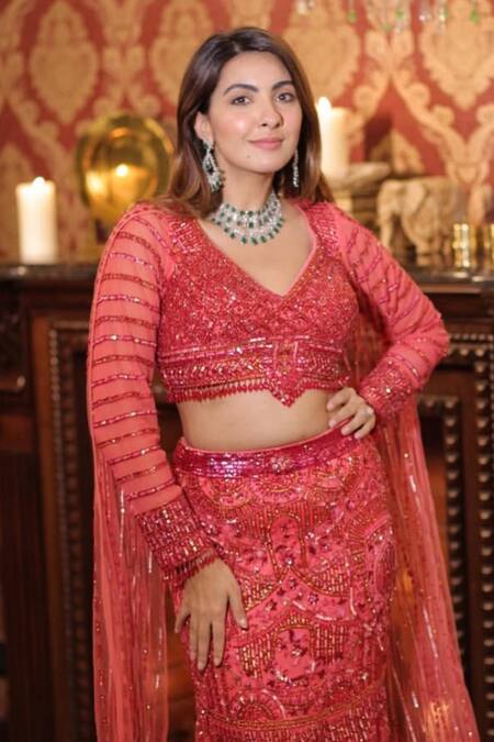 Buy_Kaynaat By Aanchal Sawhney_Red Net Cut Work, Sequins, Stones V-neck Embroidered Fish Lehenga Set _Online_at_Aza_Fashions