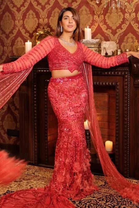 Shop_Kaynaat By Aanchal Sawhney_Red Net Cut Work, Sequins, Stones V-neck Embroidered Fish Lehenga Set _Online_at_Aza_Fashions