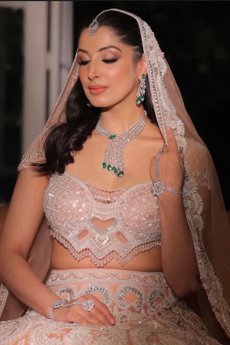 Kaynaat By Aanchal Sawhney_Peach Net Pearls, Crystals, Embroidery Sweetheart Neck Bridal Lehenga Set _Online_at_Aza_Fashions