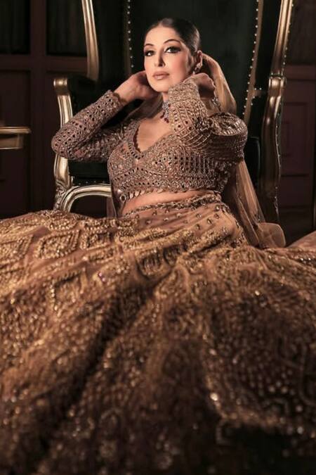 Kaynaat By Aanchal Sawhney_Rose Gold Net Mirrors, Beads, Zari V-neck Embroidered Bridal Lehenga Set _Online_at_Aza_Fashions